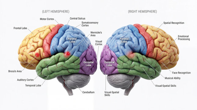 Detailed anatomical rendering of the human brain showcasing distinct cerebral hemispheres with labeled functional regions for enhanced scientific and educational understanding of cognitive processes a