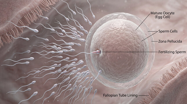 Conception Microscopic view of numerous sperm cells navigating towards a mature oocyte highlighting the fertilization process and the surrounding fallopian tube lining.
