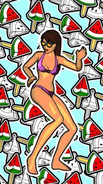 Seamless vertical video of  bikini girls dancing.  Funny summer background cartoon hand drawn style with a watermelon ice creams backdrop