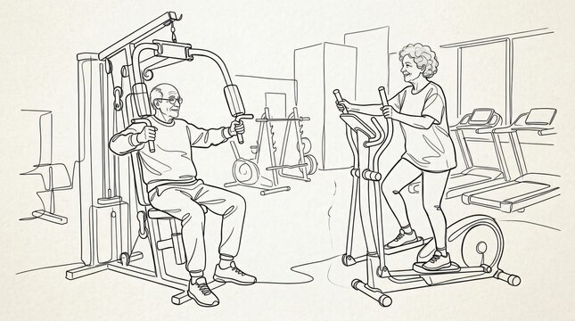 Senior couple exercising together in gym line art drawing, elderly man on weight machine and woman on elliptical, active aging concept illustration.