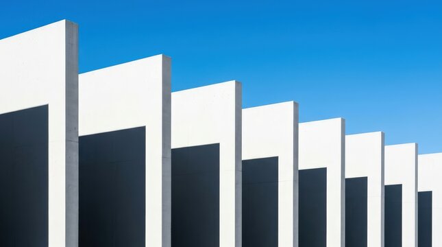 White walls feature sharp geometric shadows cast by sunlight against a clear blue sky background.