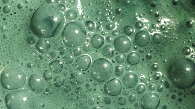 Green frothy bubbles on blended smoothie surface, full-frame macro texture with glossy highlights 