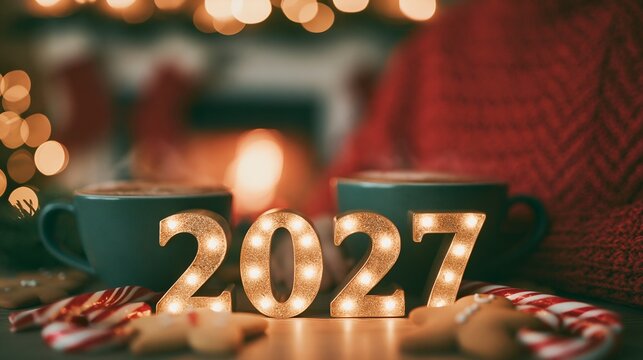 Cozy winter evening with glowing "2027" sign