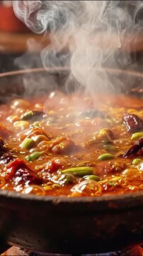 Spicy curry stew boiling in rustic metal pan with aromatic herbs and visible steam food hot cooking kitchen spices food hot cooking kitchen spices