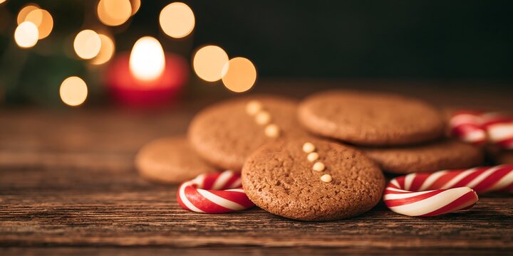 Stacked gingerbread cookies and candy canes beside flickering candles
