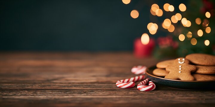 Close-up of holiday cookies and candy on rustic wood with festive lights