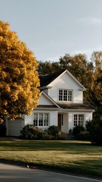 Cozy home with classic architecture surrounded by colorful fall foliage