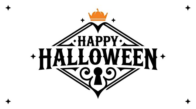 Vintage style happy halloween typography design featuring an elegant crown and ornate diamond frame for seasonal holiday greeting card graphics