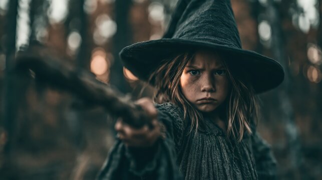 Young witch girl pointing a magic wand in a dark mysterious forest child