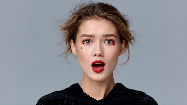 Woman looks shocked with red makeup