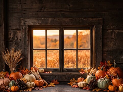 Cozy autumn window scene with pumpkins and fall foliage, thanksgiving concept, copy space