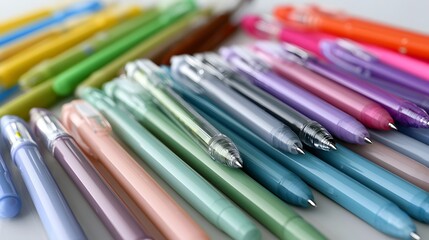 Fototapeta premium A vibrant collection of colorful pens arranged diagonally on a clean surface showcasing smooth pastel and bright hues for creative writing or