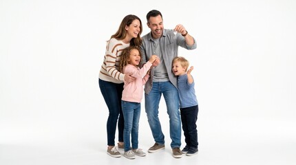 Obraz premium Happy family celebrating receiving house keys with joy and excitement on white background
