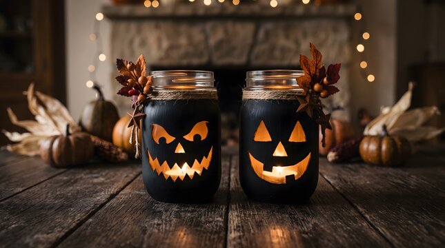 Two glowing mason jar jack o lanterns sitting on a rustic wooden table in front of a fireplace for a festive helloween