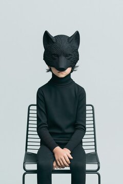 A child wearing a black wolf mask sitting on a modern metal chair indoors