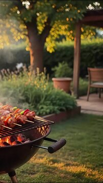 Outdoor summer evening barbecue with skewers on a charcoal grill bbq meat garden food cooking bbq meat garden food cooking