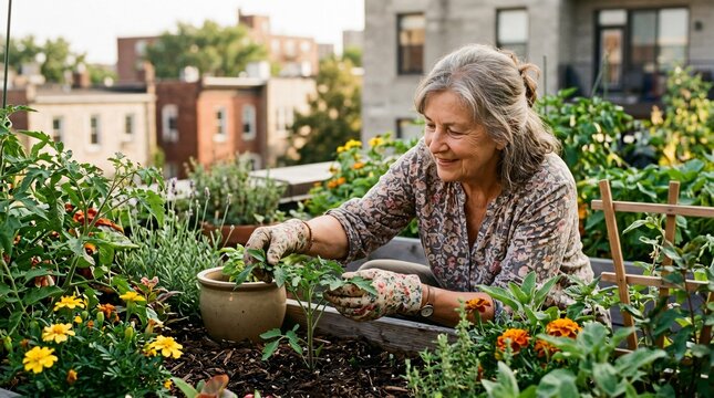 Smiling senior woman gardening tomato plants in an urban rooftop garden during active retirement.