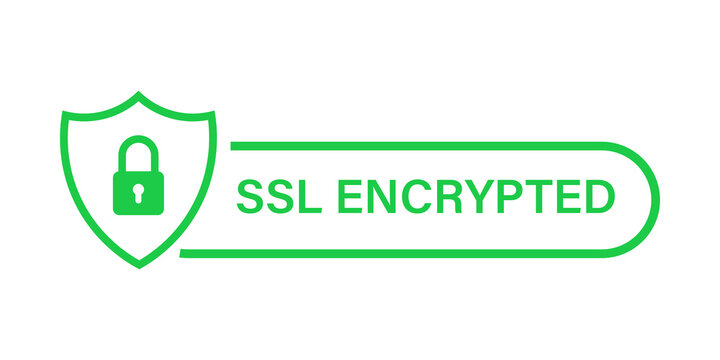 Green ssl encrypted badge with a shield and padlock icon for website security and data protection
