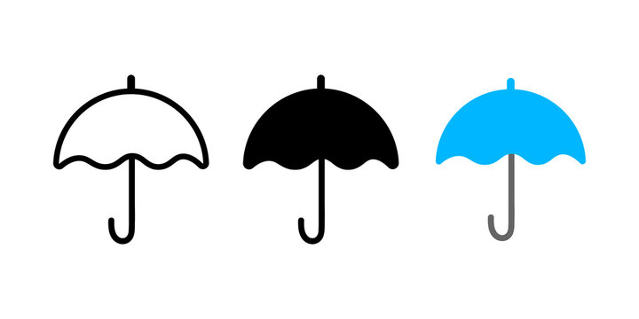 Set of three simple umbrella icons in outline solid and blue color styles