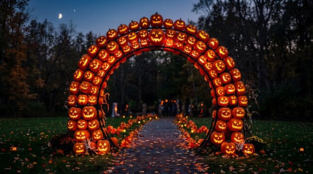 A stunning archway made of many glowing carved pumpkins creates a festive and spooky atmosphere for a magical helloween celebration at night