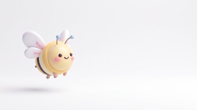 Cute 3D Little Bee Character Flying Left Aligned with Blank Copy Space on White Background