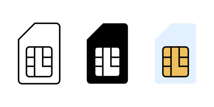 Set of three mobile phone sim card icons in outline solid and flat colored styles