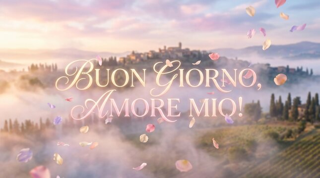 Buon Giorno Amore Mio text over a misty Tuscan landscape at sunrise with floating rose petals, offering a romantic Italian greeting.