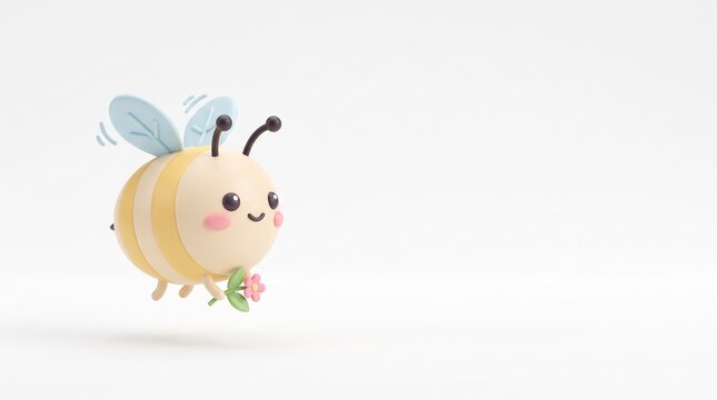 Cute 3D Little Bee Character Flying Left Aligned with Blank Copy Space on White Background