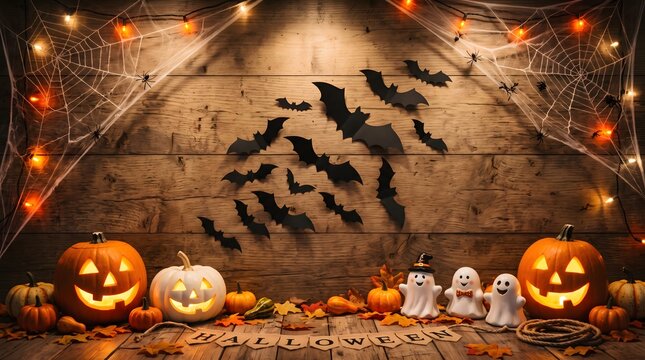 A festive helloween background featuring glowing jack o lanterns and flying bats against a rustic wooden wall with warm fairy light decorations