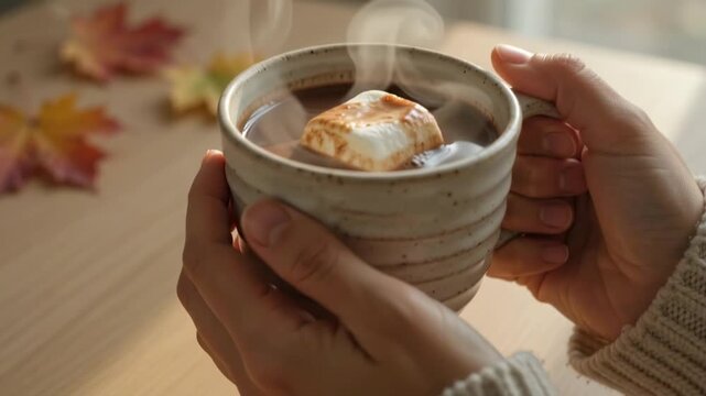 Cozy autumn drink in hands, steaming mug of hot chocolate topped with toasted marshmallow and cinnamon stick, knit sweater sleeves and scattered fall leaves on warm wooden table