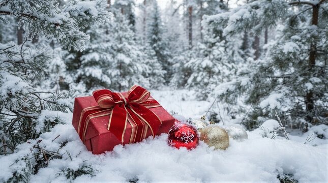 Red gift box resting on snowy forest floor with ornaments