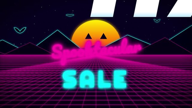 Retro synthwave Halloween Spooktacular Sale animation with neon wireframe grid and jack-o-lantern sun
