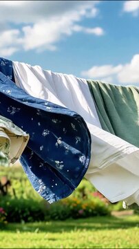 Various colorful clothes drying on clothesline outdoors in sunny garden laundry sunshine summer fabrics hanging laundry sunshine summer fabrics hanging