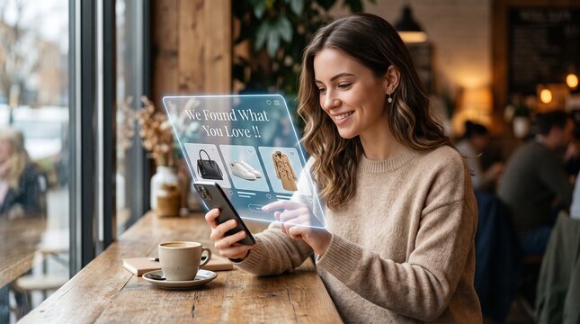Interactive AR shopping app with holographic personalized fashion recommendations on smartphone mockup in window cafe banner