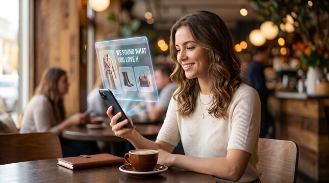Personalized fashion e commerce app with floating augmented reality product recommendations on smartphone mockup in coffee shop banner