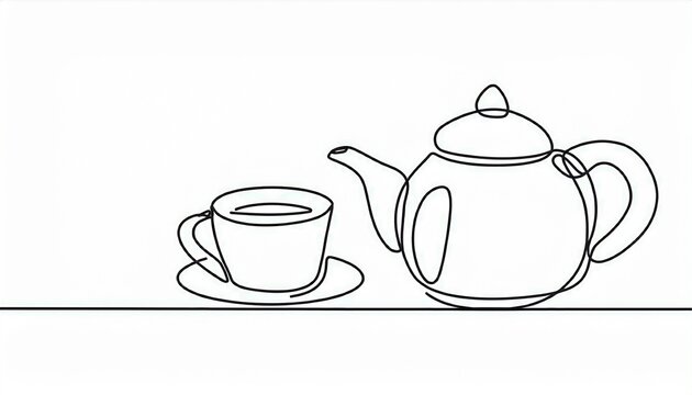 continuous line drawing of teapot and teacup on white background