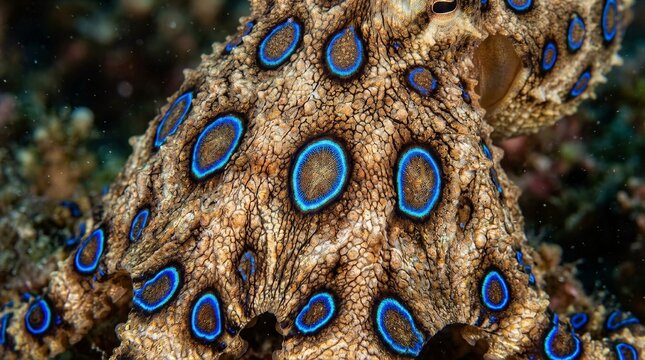 Blue ring octopus displaying vivid patterns on coral reef