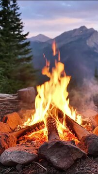 Blazing campfire burning at sunset in front of majestic mountain range fire flame camping mountains outdoors fire flame camping mountains outdoors