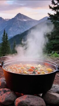 Steaming pot of vegetable stew cooking over a campfire in the mountains soup camp outdoor fire food soup camp outdoor fire food