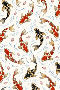 Japanese Koi Fish Pattern with Lotus on Ivory Background