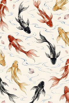 Japanese Koi Fish Pattern with Lotus on Ivory Background