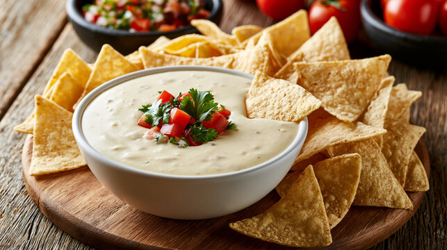 Bowl of creamy cheese dip with tortilla chips on wooden board. Great appetizer for parties and Mexican food restaurants.