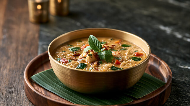 A steaming bowl of shrimp laksa served on a wooden tray with herbs. Perfect for authentic Southeast Asian food.