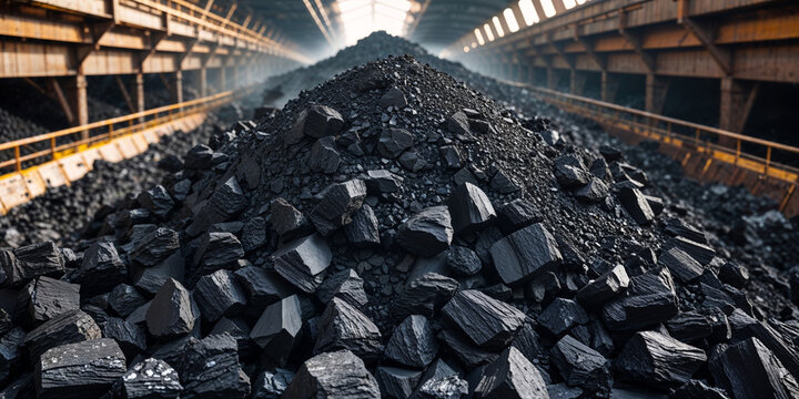 Vast piles of black coal stored inside an industrial warehouse with natural light