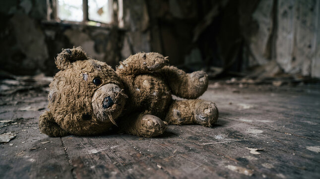 Abandoned teddy bear lying on a dusty wooden floor in a dilapidated room. Forgotten childhood toy symbolizing loneliness, neglect, memory, and lost innocence.