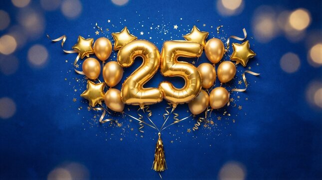Gold number balloons celebrating anniversary on blue backdrop