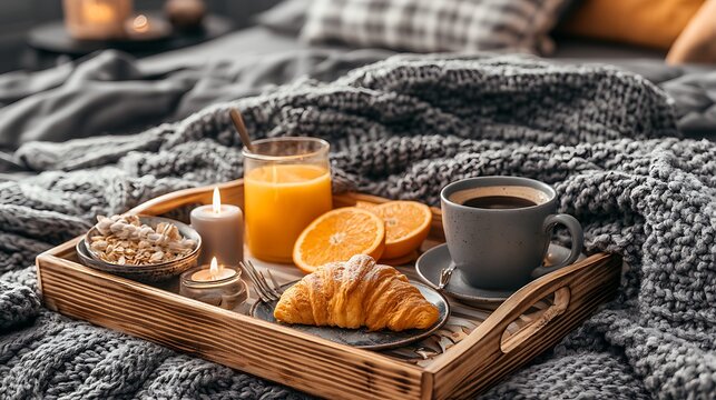 Wooden tray with coffee, cinnamon sticks, and orange slices on burlap