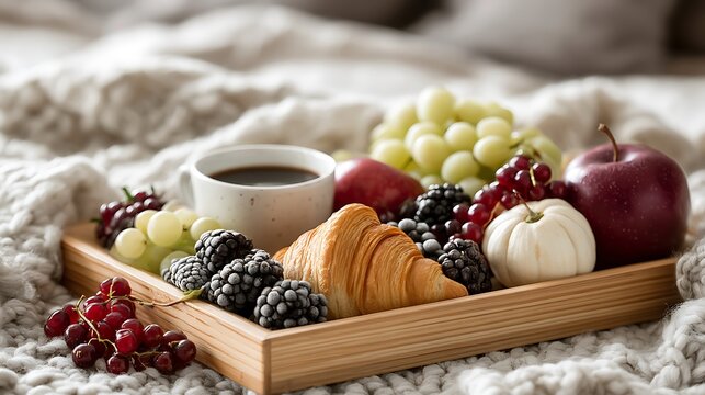 Wooden tray with fresh fruits, berries, and a glass of water on a stone surface
