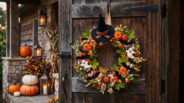 A festive helloween wreath hanging on a rustic wooden door with autumn pumpkins and lanterns decorating the cozy porch during the evening