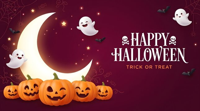 Happy Halloween background with cute ghosts, crescent moon, and pumpkins